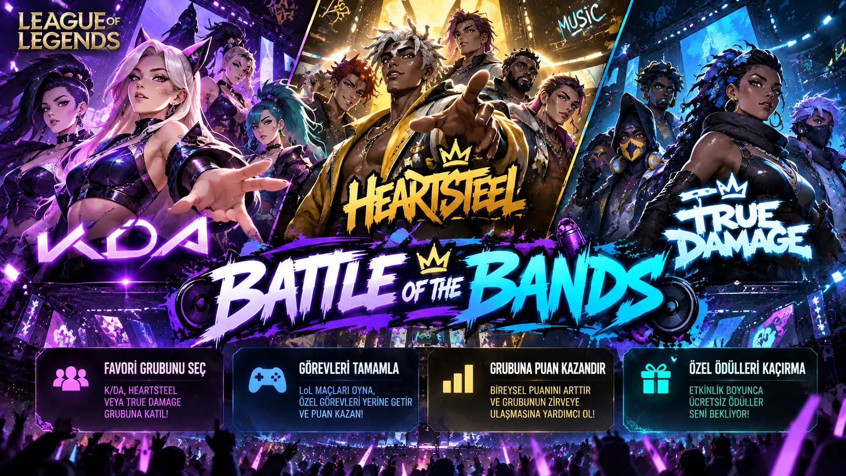 League of Legends Battle of the Bands Etkinliği Başladı! K/DA, HEARTSTEEL ve True Damage Yarışıyor